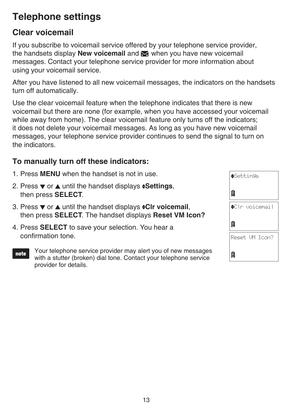 Clear voicemail, Telephone settings | VTech FS6224_-2-21-3 Manual User Manual | Page 17 / 70