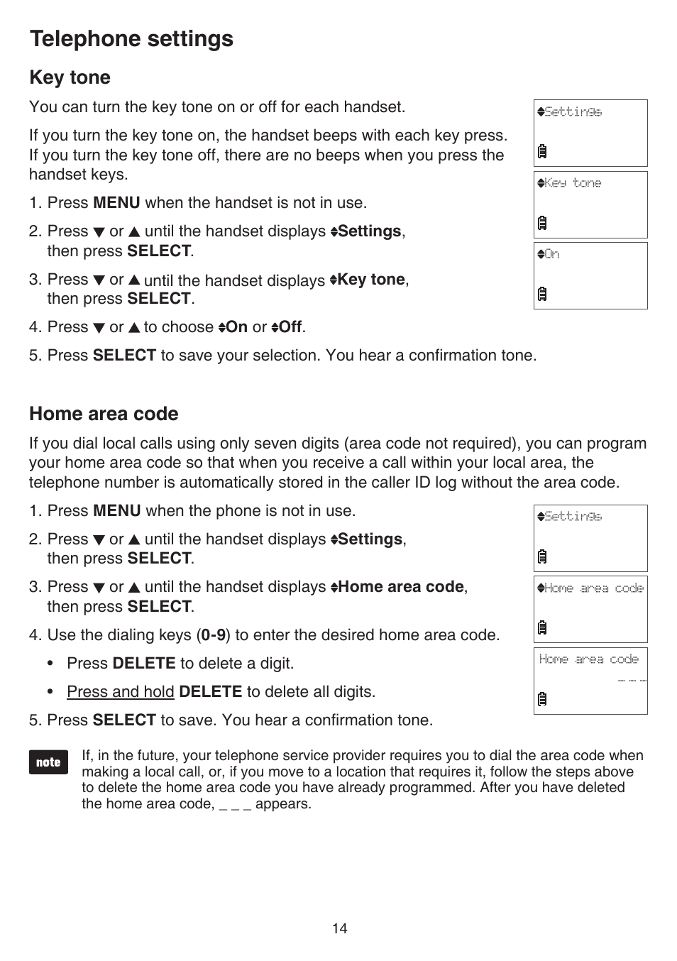 Home area code, Key tone, Key tone home area code | Telephone settings | VTech FS6224_-2-21-3 Manual User Manual | Page 18 / 70