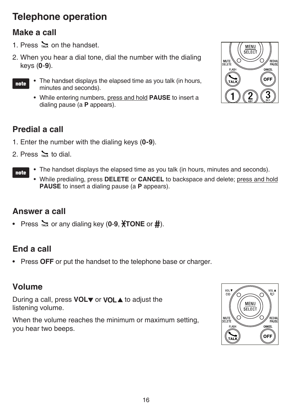 Telephone operation, Make a call, Predial a call | Answer a call, End a call, Volume, Telephone settings, Answering system settings | VTech FS6224_-2-21-3 Manual User Manual | Page 20 / 70