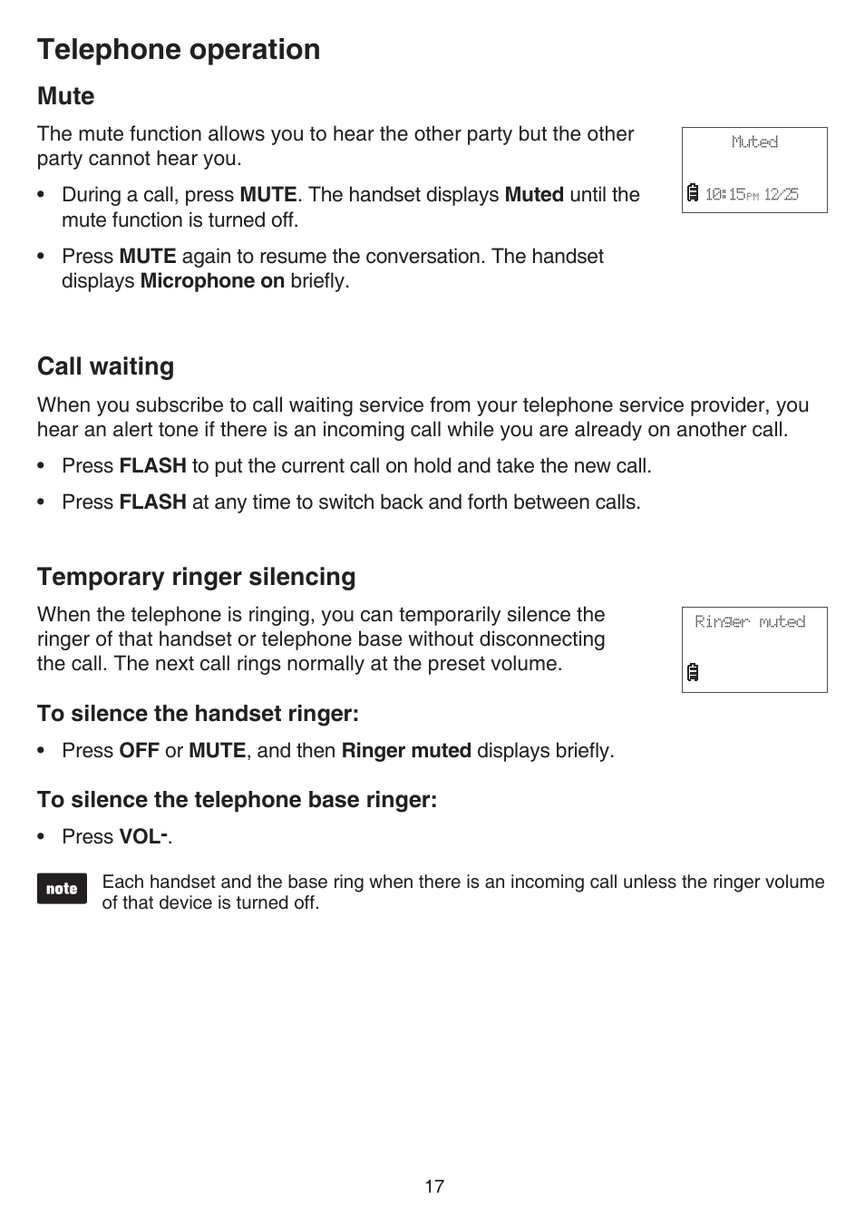 Mute, Call waiting, Temporary ringer silencing | Mute call waiting temporary ringer silencing, Telephone operation | VTech FS6224_-2-21-3 Manual User Manual | Page 21 / 70