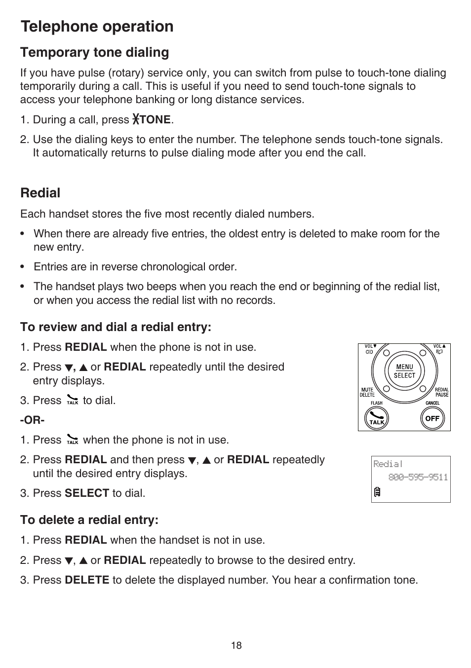 Temporary tone dialing, Redial, Temporary tone dialing redial | Telephone operation | VTech FS6224_-2-21-3 Manual User Manual | Page 22 / 70