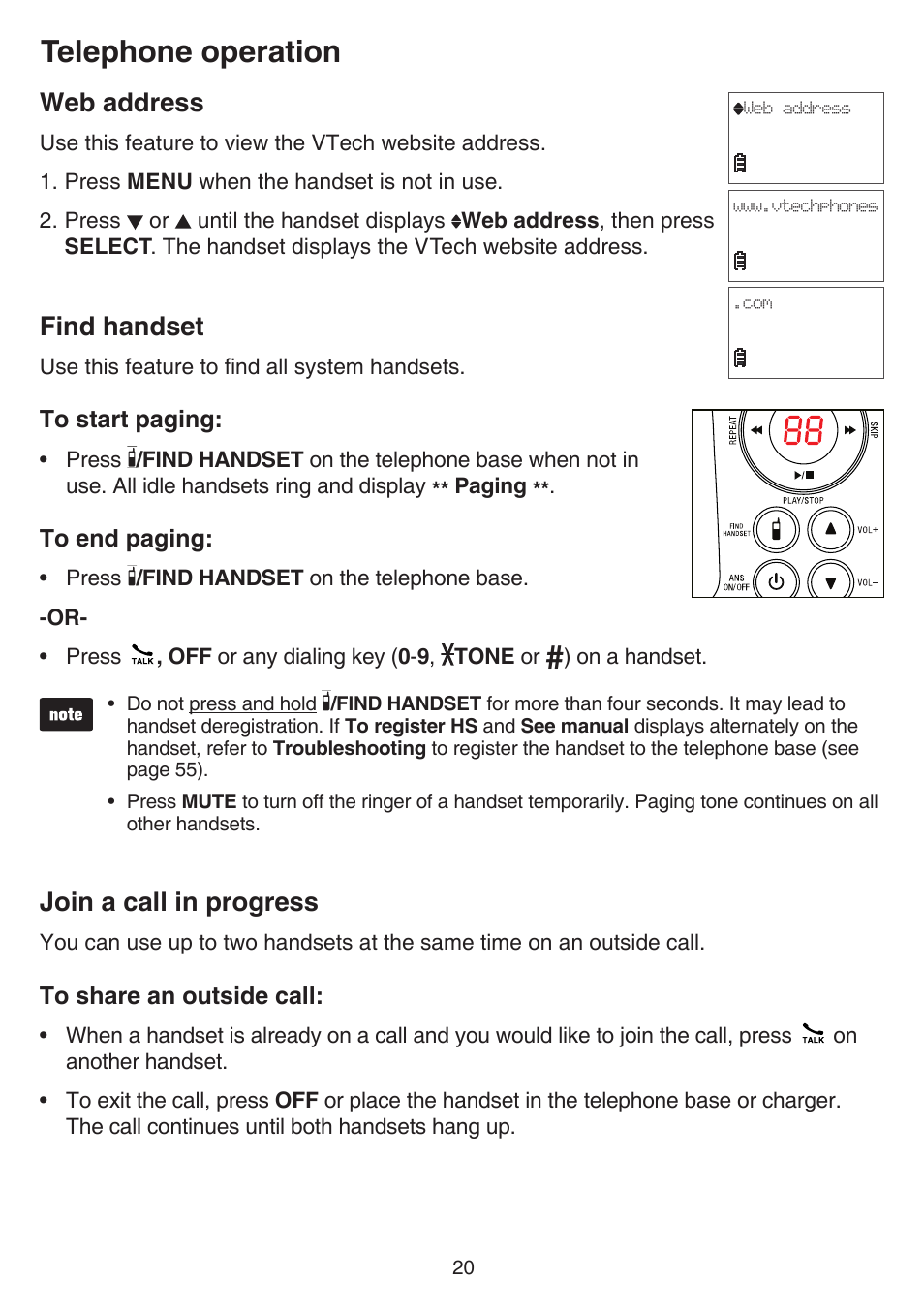Web address, Find handset, Join a call in progress | Web address find handset join a call in progress, Telephone operation | VTech FS6224_-2-21-3 Manual User Manual | Page 24 / 70
