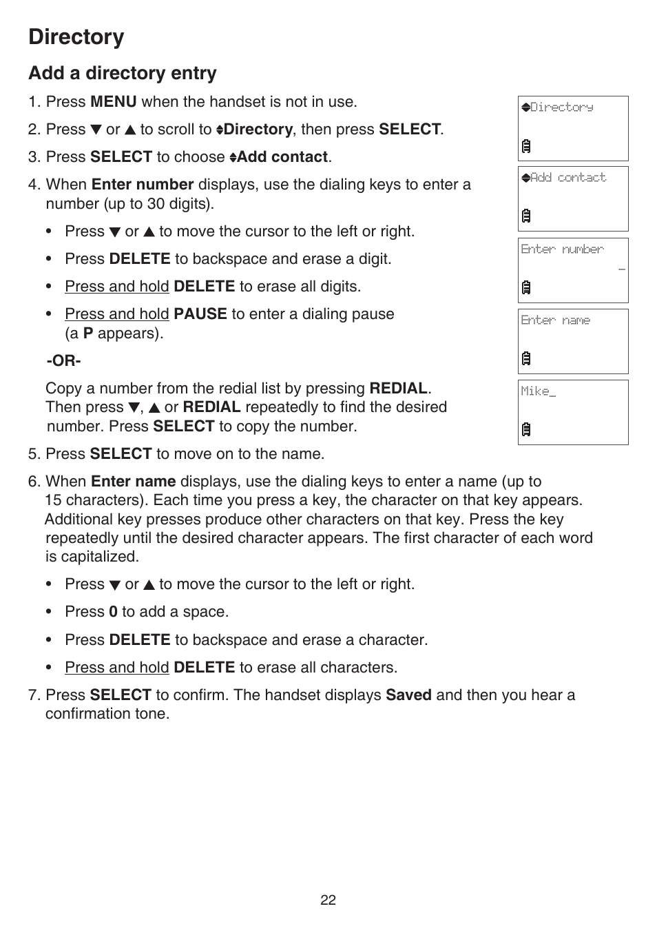 Add a directory entry, Directory | VTech FS6224_-2-21-3 Manual User Manual | Page 26 / 70