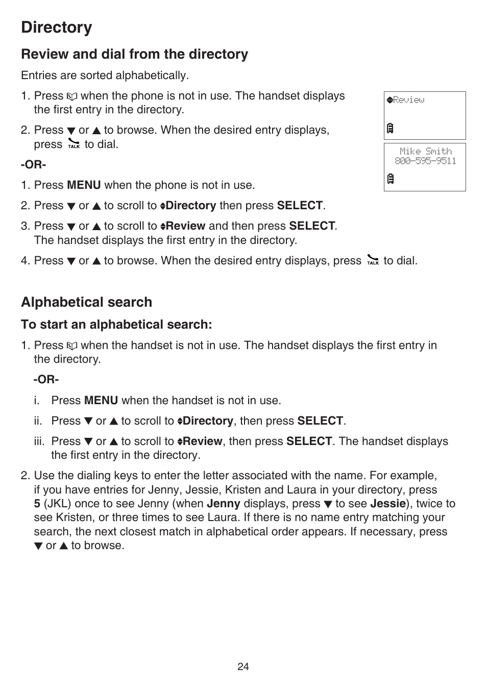 Review and dial from the directory, Alphabetical search, Review and dial from the | Directory alphabetical search, Directory | VTech FS6224_-2-21-3 Manual User Manual | Page 28 / 70