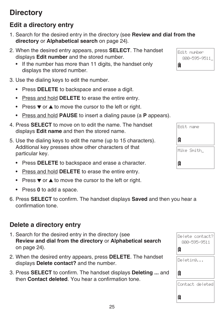 Edit a directory entry, Delete a directory entry, Edit a directory entry delete a directory entry | Directory | VTech FS6224_-2-21-3 Manual User Manual | Page 29 / 70