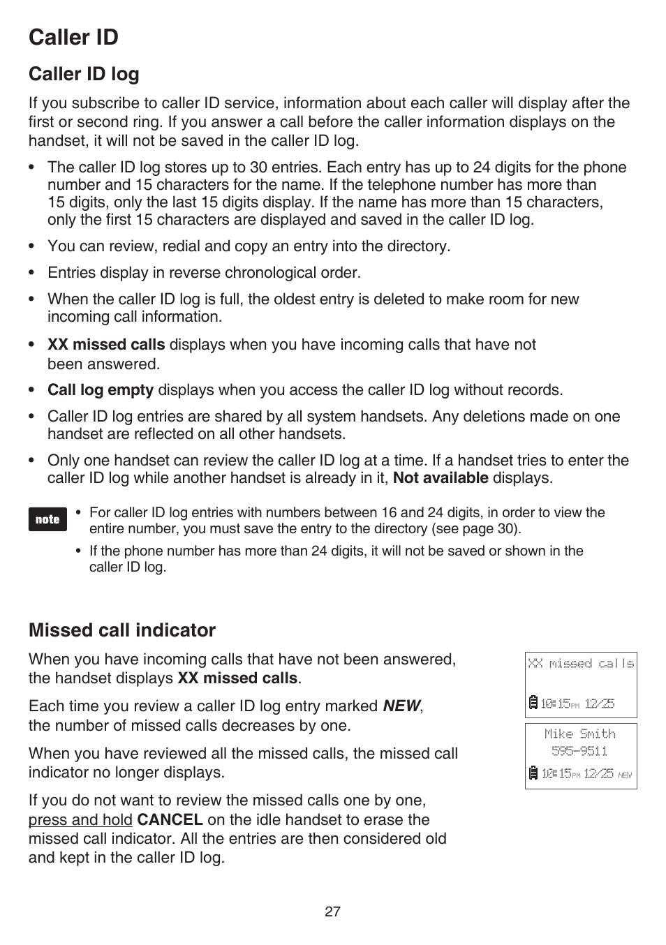 Caller id log, Missed call indicator, Caller id log missed call indicator | Caller id | VTech FS6224_-2-21-3 Manual User Manual | Page 31 / 70