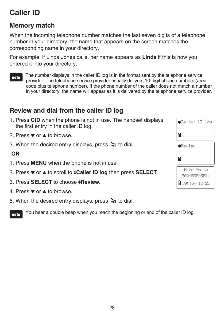 Memory match, Review and dial from the caller id log, Memory match review and dial from the | Caller id log, Caller id | VTech FS6224_-2-21-3 Manual User Manual | Page 32 / 70