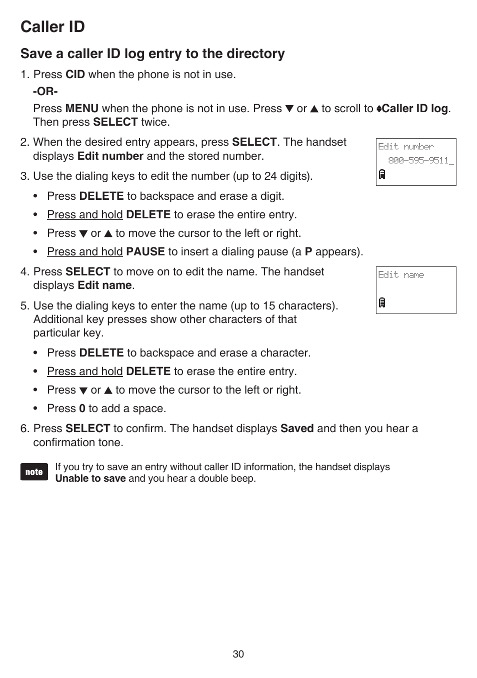 Save a caller id log entry to the directory, Save a caller id log entry to the, Directory | Caller id | VTech FS6224_-2-21-3 Manual User Manual | Page 34 / 70