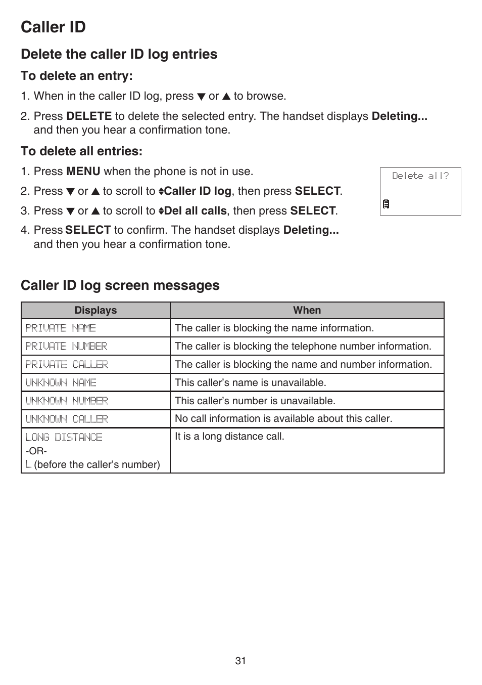 Delete the caller id log entries, Caller id log screen messages, Caller id | VTech FS6224_-2-21-3 Manual User Manual | Page 35 / 70