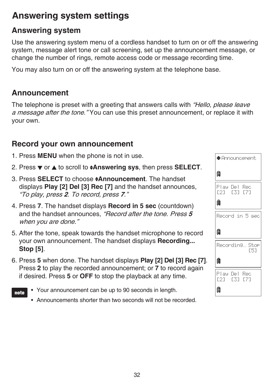 Answering system, Announcement, Record your own announcement | Answering system settings | VTech FS6224_-2-21-3 Manual User Manual | Page 36 / 70