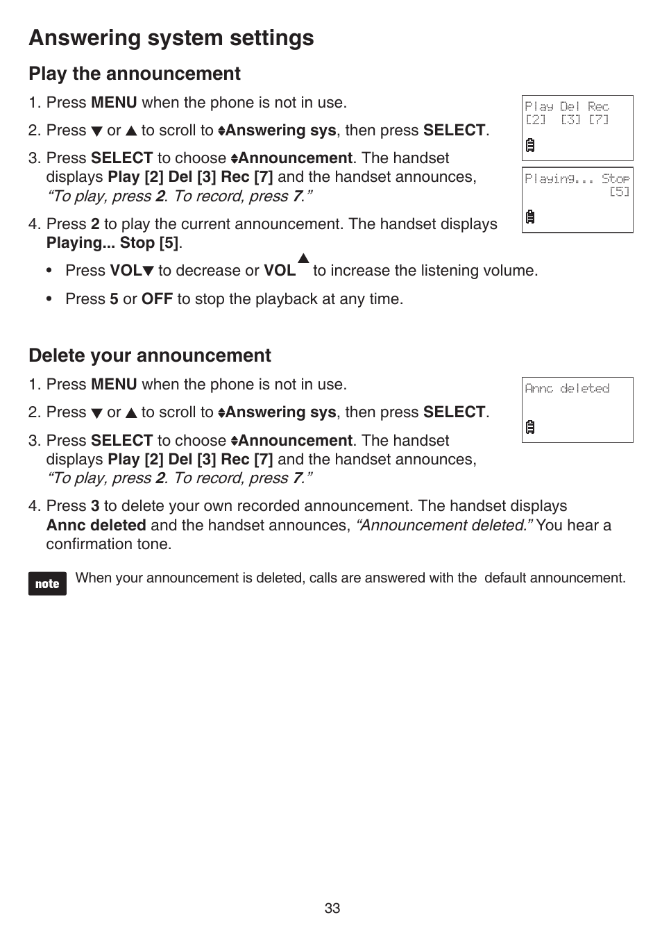 Play the announcement, Delete your announcement, Play the announcement delete your announcement | Answering system settings | VTech FS6224_-2-21-3 Manual User Manual | Page 37 / 70