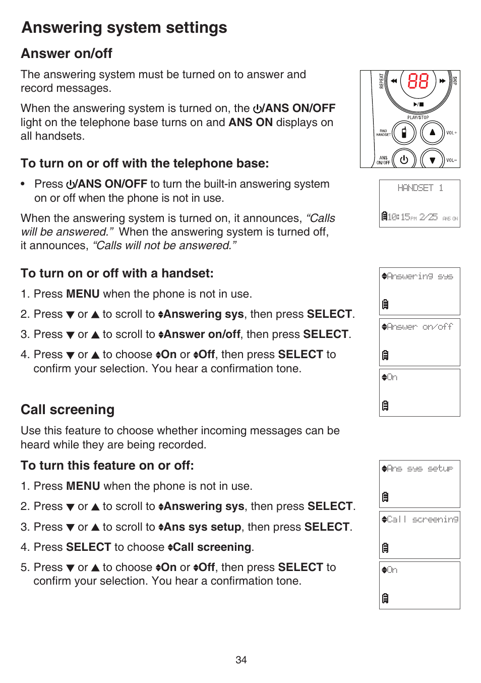 Answer on/off, Call screening, Answer on/off call screening | Answering system settings | VTech FS6224_-2-21-3 Manual User Manual | Page 38 / 70
