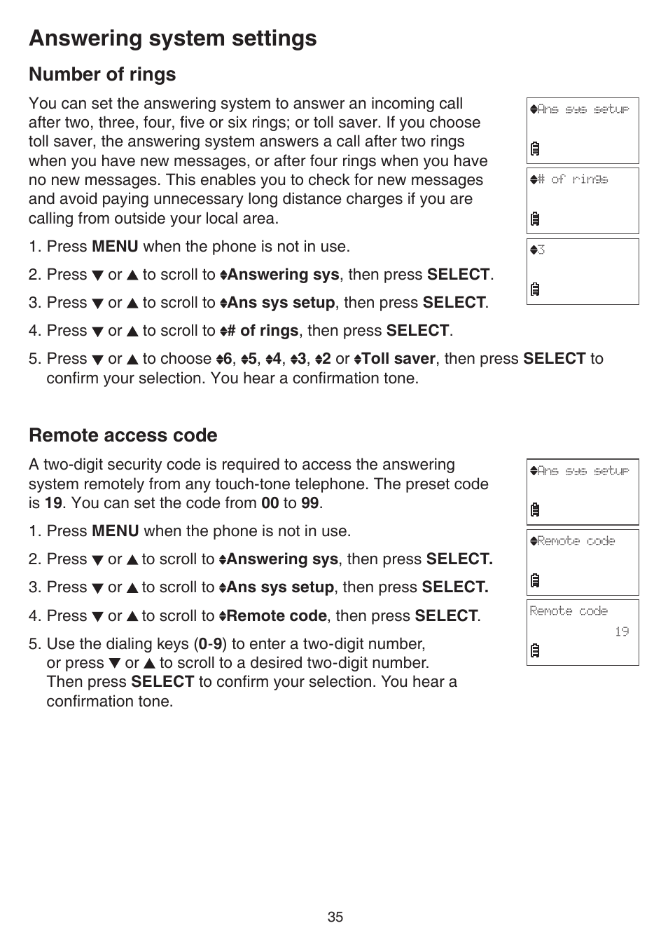 Number of rings, Remote access code, Number of rings remote access code | Answering system settings | VTech FS6224_-2-21-3 Manual User Manual | Page 39 / 70