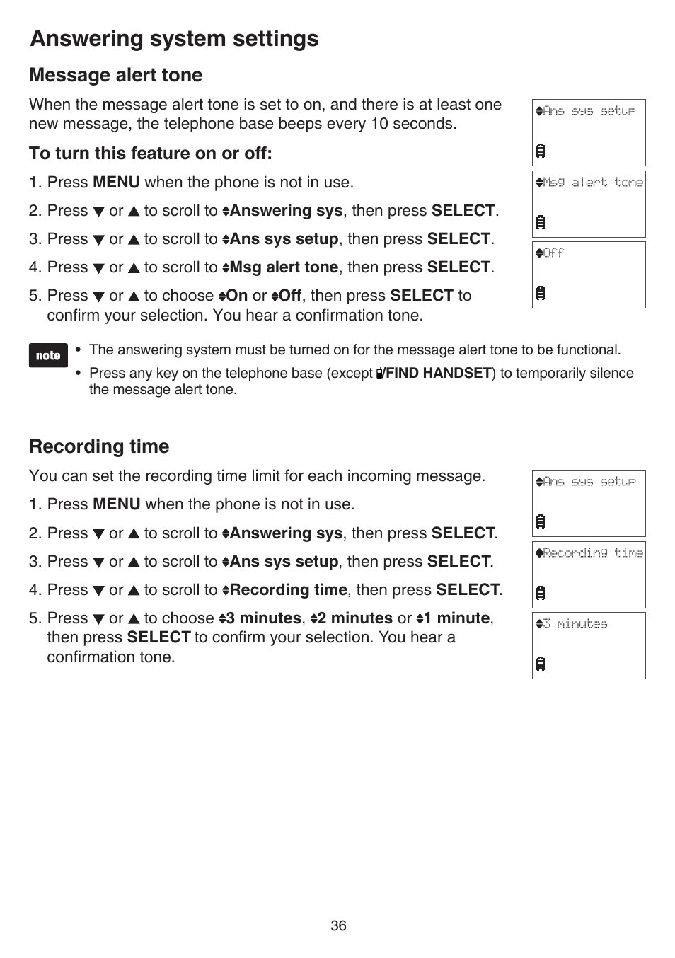 Message alert tone, Recording time, Message alert tone recording time | Answering system settings | VTech FS6224_-2-21-3 Manual User Manual | Page 40 / 70