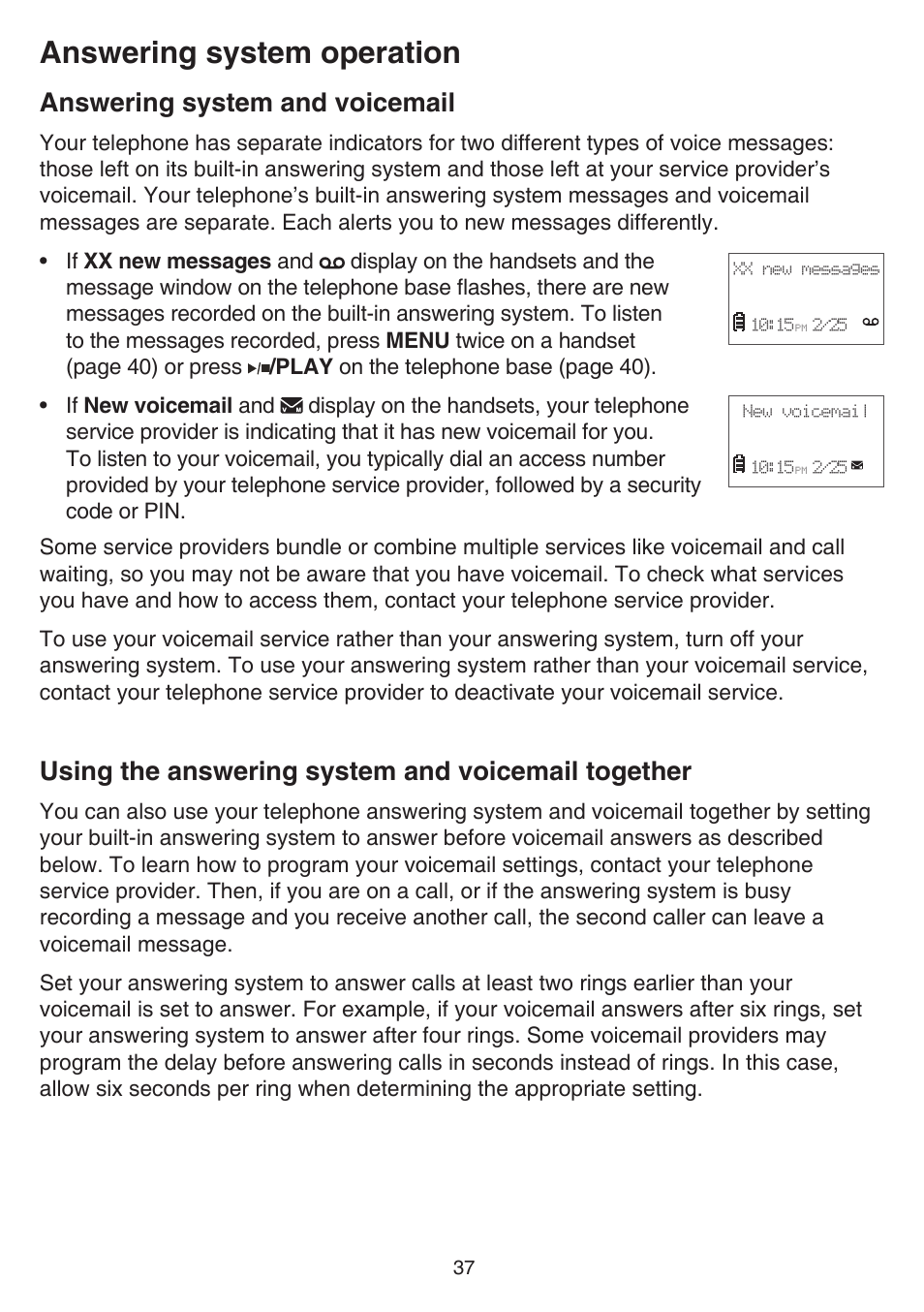 Answering system operation, Answering system and voicemail, Using the answering system and voicemail together | Voicemail together | VTech FS6224_-2-21-3 Manual User Manual | Page 41 / 70