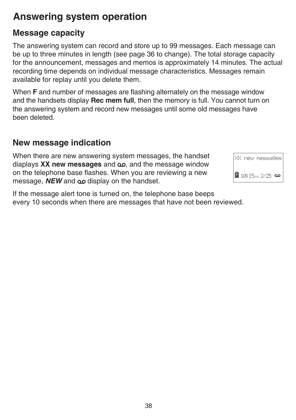 Message capacity, New message indication, Message capacity new message indication | Answering system operation | VTech FS6224_-2-21-3 Manual User Manual | Page 42 / 70