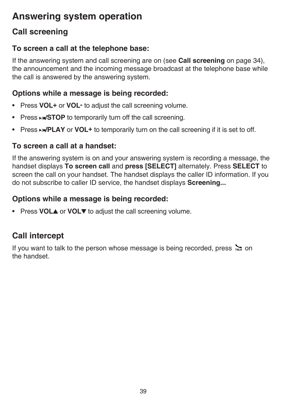 Call screening, Call intercept, Call screening call intercept | Answering system operation | VTech FS6224_-2-21-3 Manual User Manual | Page 43 / 70