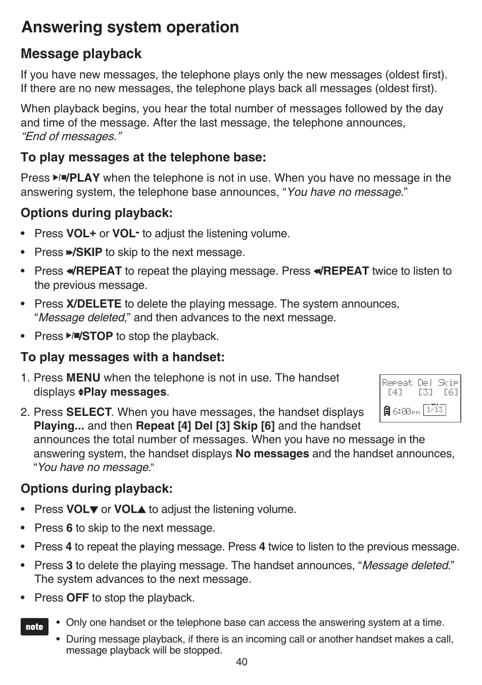 Message playback, Answering system operation | VTech FS6224_-2-21-3 Manual User Manual | Page 44 / 70