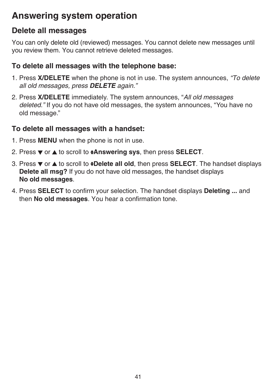 Delete all messages, Answering system operation | VTech FS6224_-2-21-3 Manual User Manual | Page 45 / 70