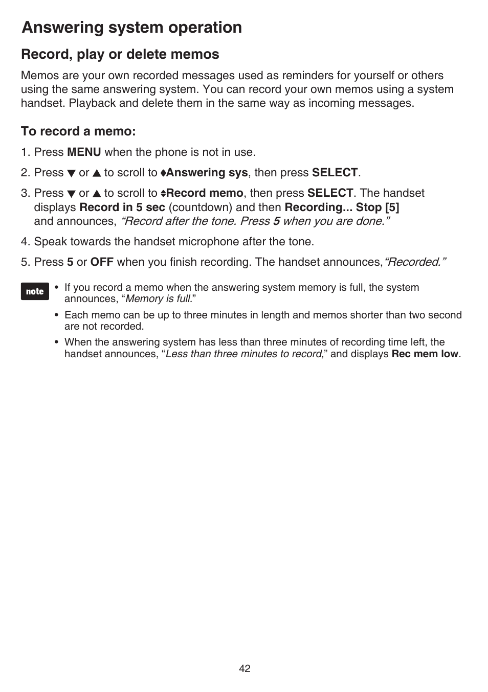 Record, play or delete memos, Answering system operation | VTech FS6224_-2-21-3 Manual User Manual | Page 46 / 70