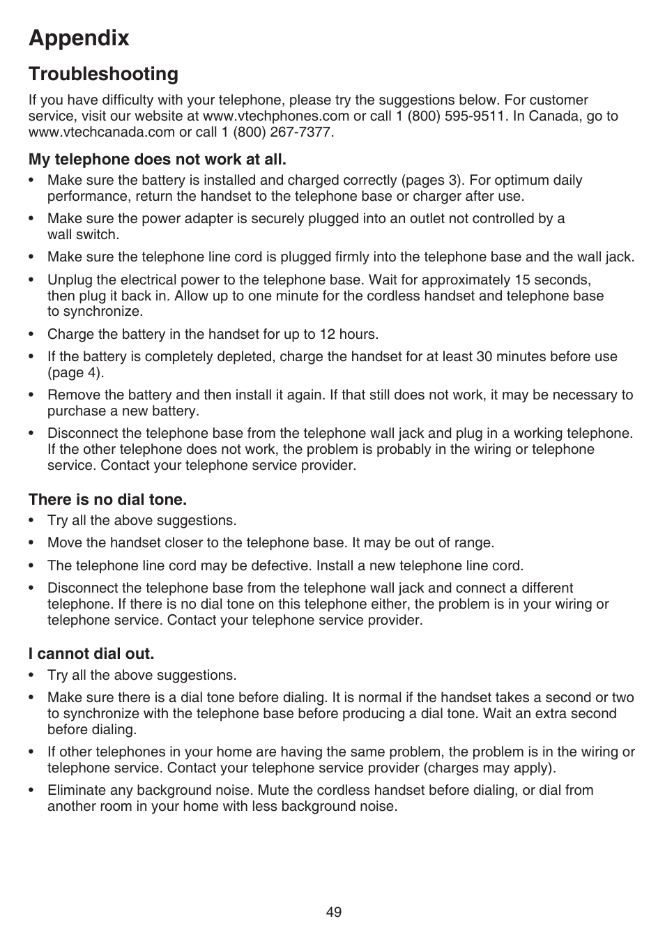 Troubleshooting, Appendix | VTech FS6224_-2-21-3 Manual User Manual | Page 53 / 70