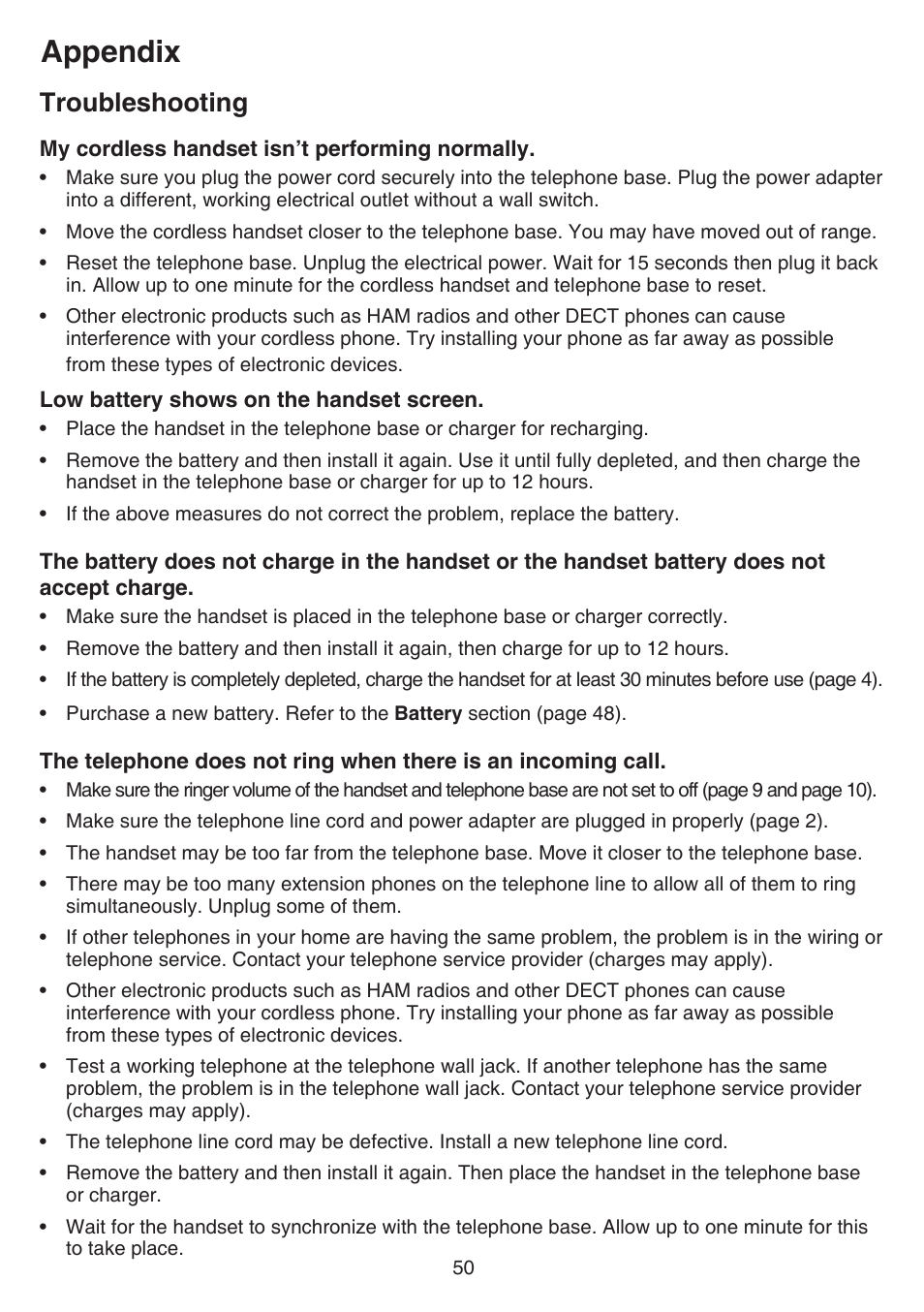 Appendix, Troubleshooting | VTech FS6224_-2-21-3 Manual User Manual | Page 54 / 70