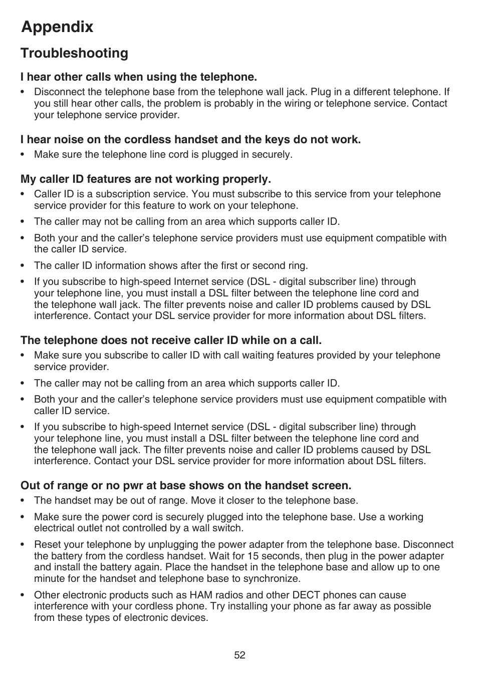 Appendix, Troubleshooting | VTech FS6224_-2-21-3 Manual User Manual | Page 56 / 70