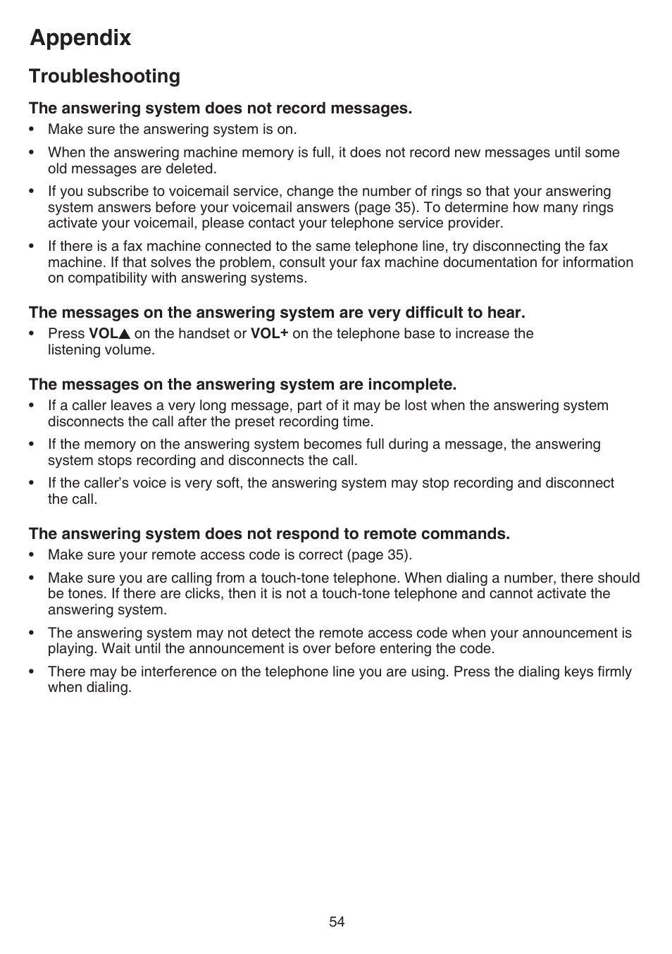 Appendix, Troubleshooting | VTech FS6224_-2-21-3 Manual User Manual | Page 58 / 70