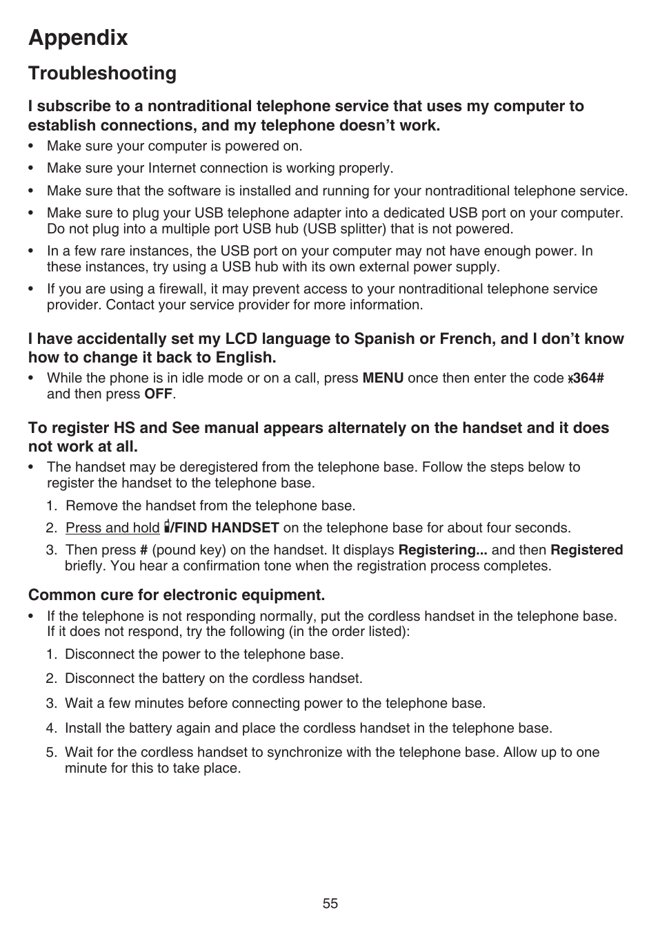 Appendix, Troubleshooting | VTech FS6224_-2-21-3 Manual User Manual | Page 59 / 70