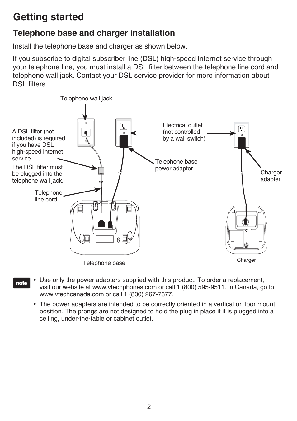Telephone base and charger installation, Telephone base and charger, Installation | Getting started | VTech FS6224_-2-21-3 Manual User Manual | Page 6 / 70