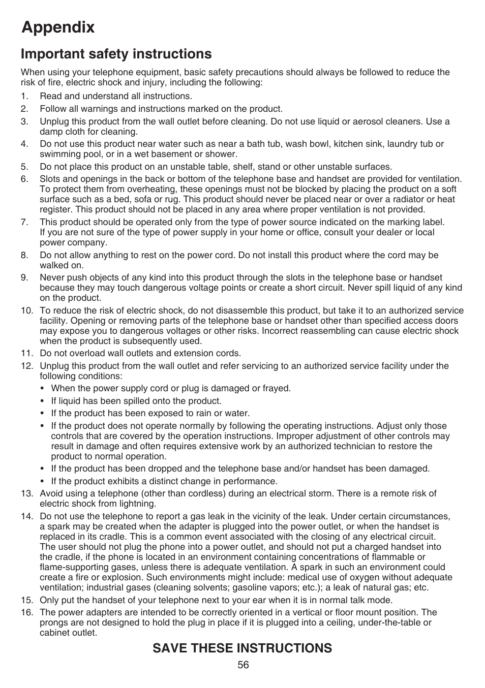 Important safety instructions, Appendix, Save these instructions | VTech FS6224_-2-21-3 Manual User Manual | Page 60 / 70