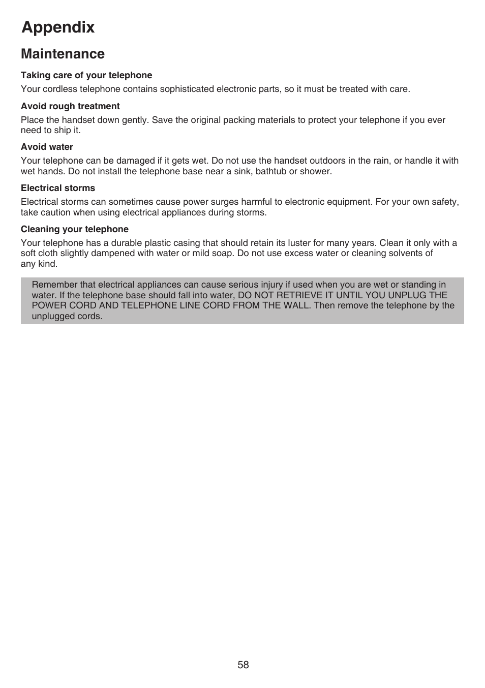 Maintenance, Appendix | VTech FS6224_-2-21-3 Manual User Manual | Page 62 / 70