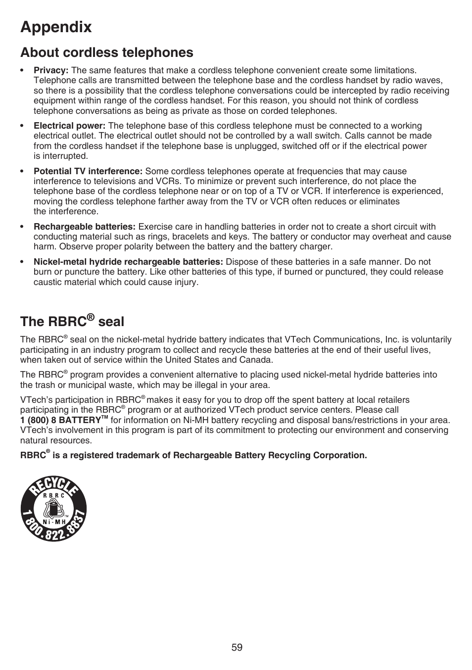 About cordless telephones, The rbrc® seal, About cordless telephones the rbrc | Seal, The rbrc, Appendix | VTech FS6224_-2-21-3 Manual User Manual | Page 63 / 70