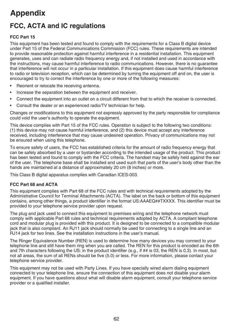 Fcc, acta and ic regulations, Appendix | VTech FS6224_-2-21-3 Manual User Manual | Page 66 / 70