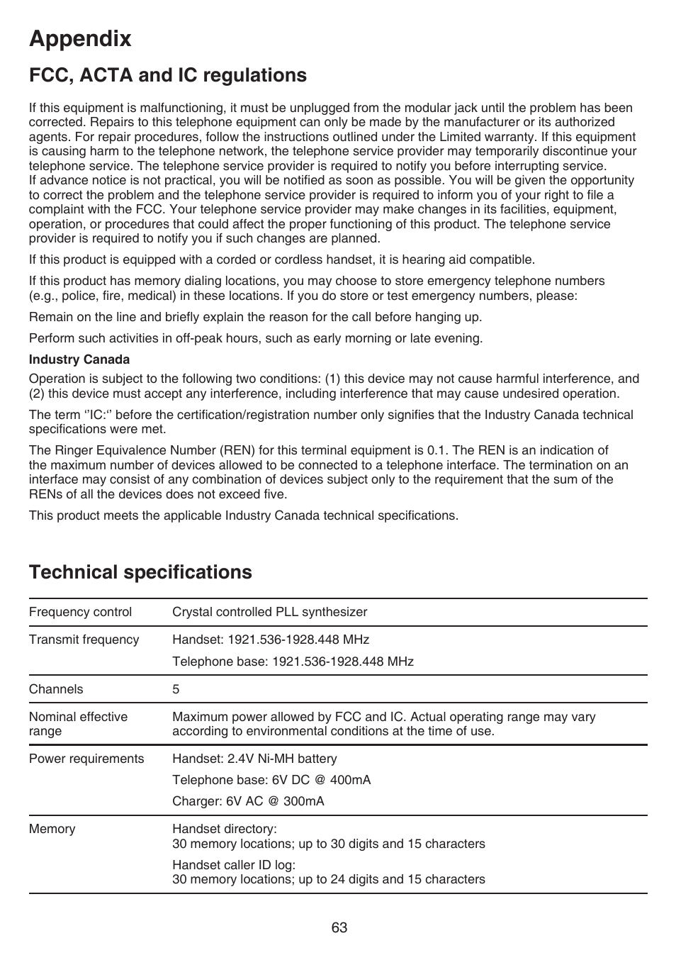 Technical specifications, Fcc, acta and ic regulations, Appendix | VTech FS6224_-2-21-3 Manual User Manual | Page 67 / 70