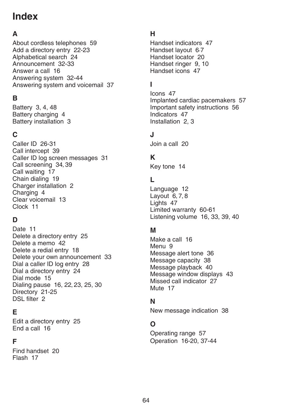 Index | VTech FS6224_-2-21-3 Manual User Manual | Page 68 / 70