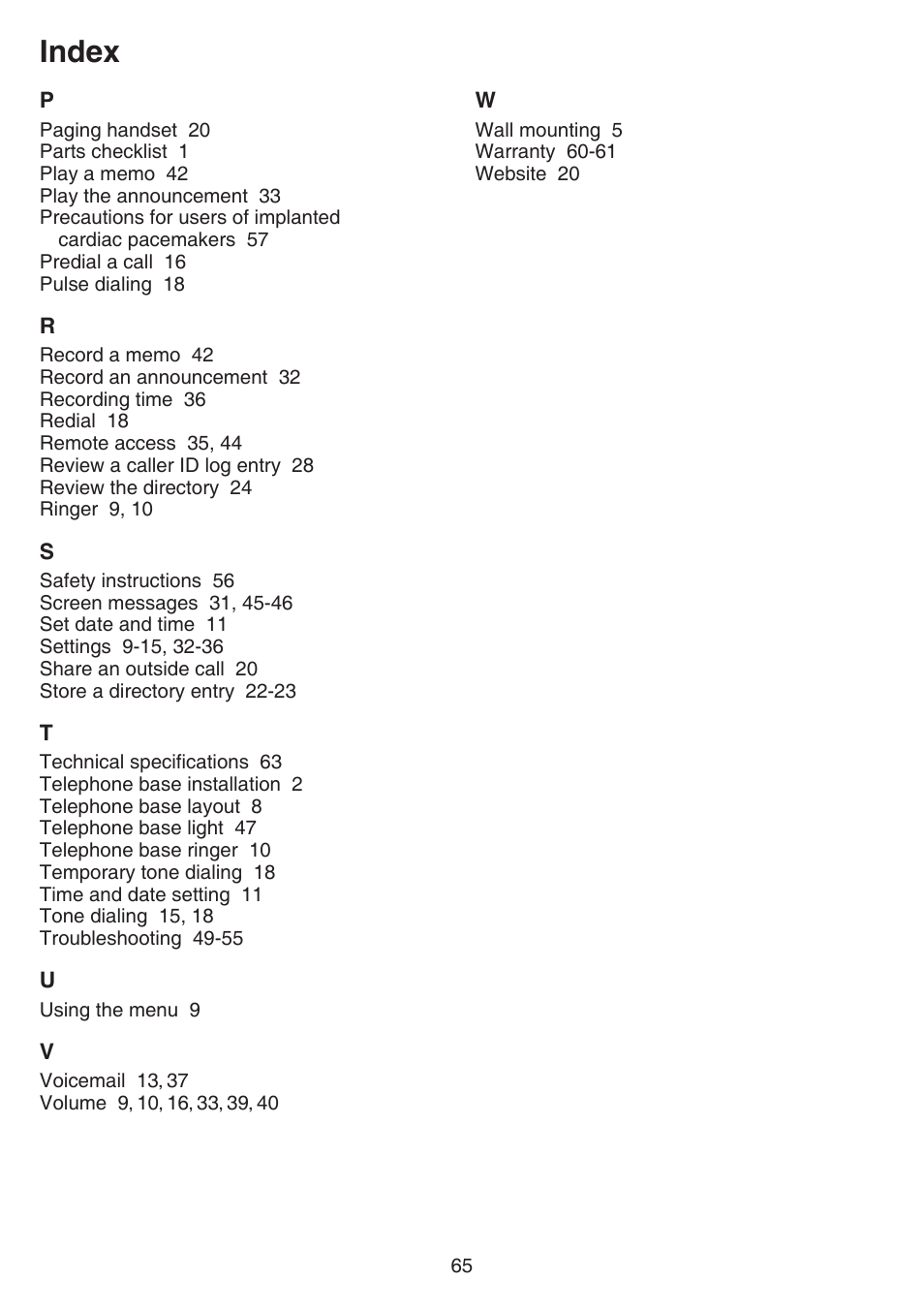Index | VTech FS6224_-2-21-3 Manual User Manual | Page 69 / 70