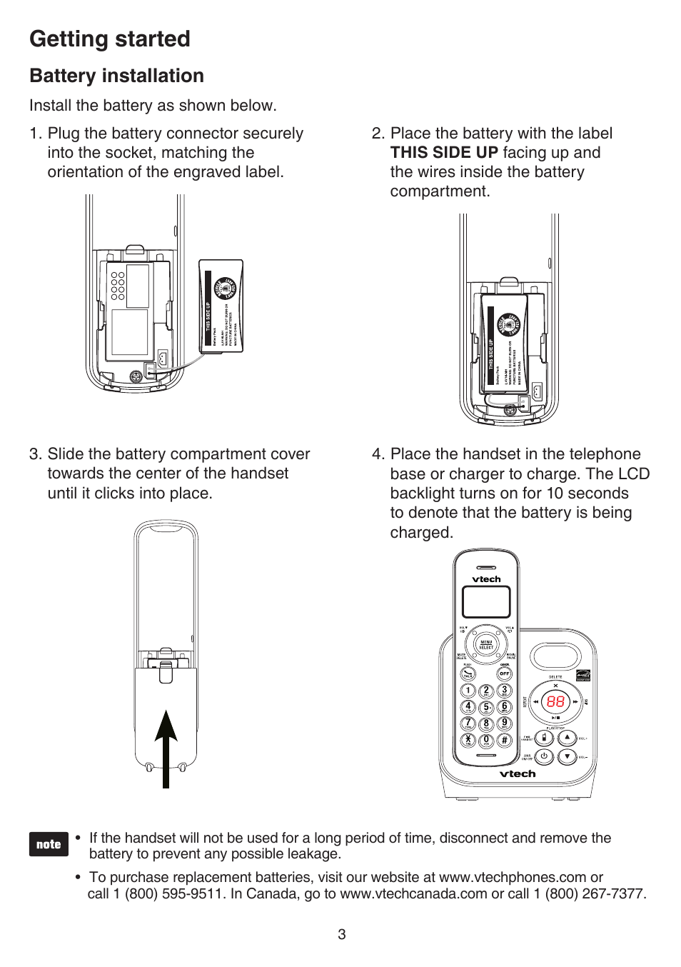 Battery installation, Getting started | VTech FS6224_-2-21-3 Manual User Manual | Page 7 / 70