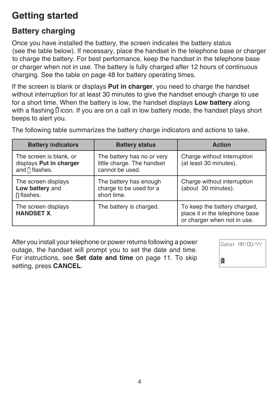 Battery charging, Getting started | VTech FS6224_-2-21-3 Manual User Manual | Page 8 / 70