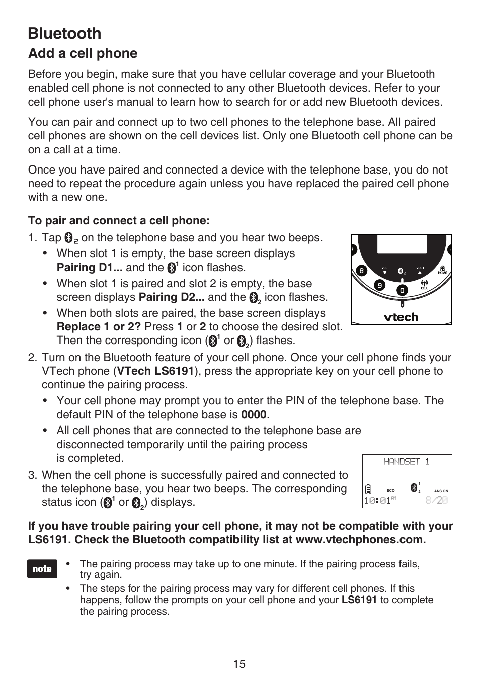 Add a cell phone, Bluetooth | VTech LS6191_-13-15-16-17 Manual User Manual | Page 19 / 94