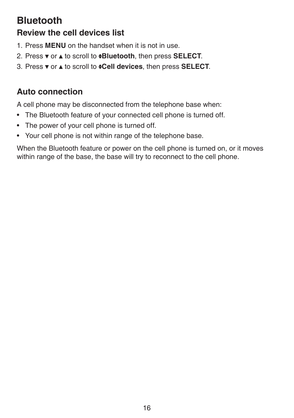 Review the cell devices list auto connection, Bluetooth, Review the cell devices list | Auto connection | VTech LS6191_-13-15-16-17 Manual User Manual | Page 20 / 94