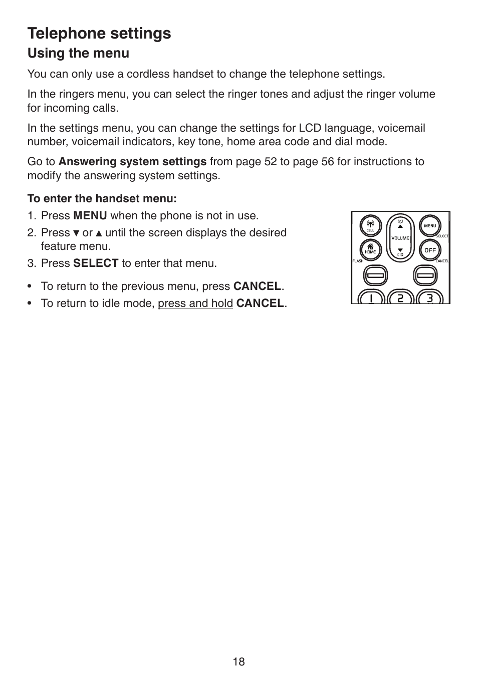 Telephone settings using the menu, Telephone settings, Using the menu | VTech LS6191_-13-15-16-17 Manual User Manual | Page 22 / 94