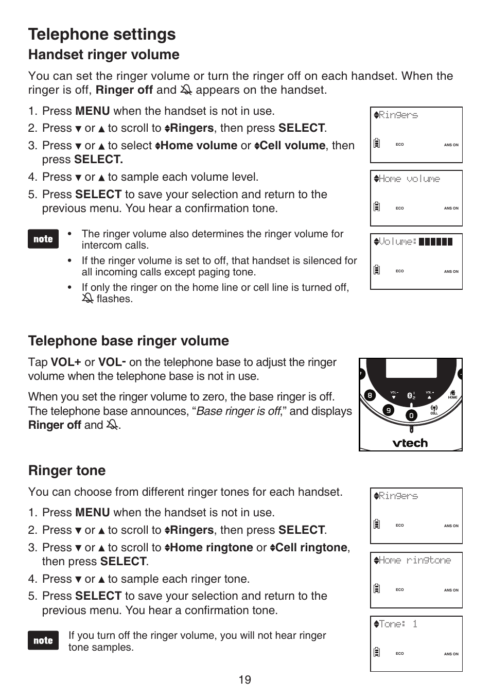 Telephone settings, Handset ringer volume, Telephone base ringer volume | Ringer tone | VTech LS6191_-13-15-16-17 Manual User Manual | Page 23 / 94