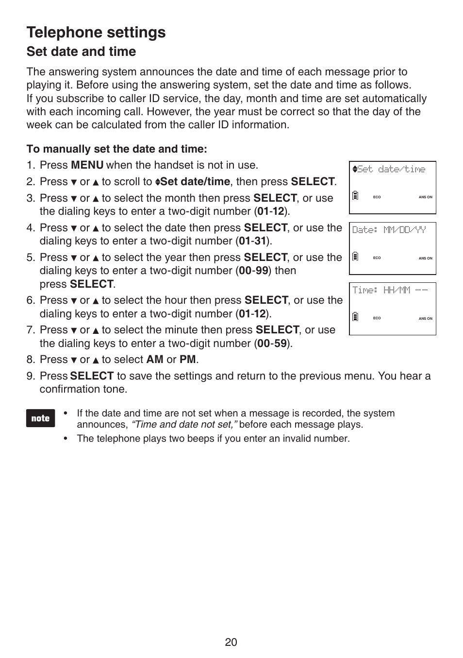 Set date and time, Telephone settings | VTech LS6191_-13-15-16-17 Manual User Manual | Page 24 / 94