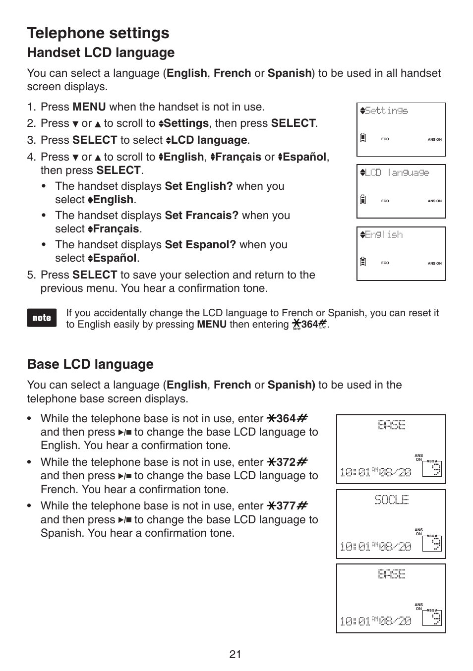 Handset lcd language base lcd language, Telephone settings, Handset lcd language | Base lcd language | VTech LS6191_-13-15-16-17 Manual User Manual | Page 25 / 94