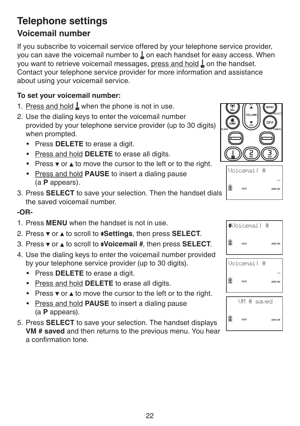 Voicemail number, Telephone settings | VTech LS6191_-13-15-16-17 Manual User Manual | Page 26 / 94