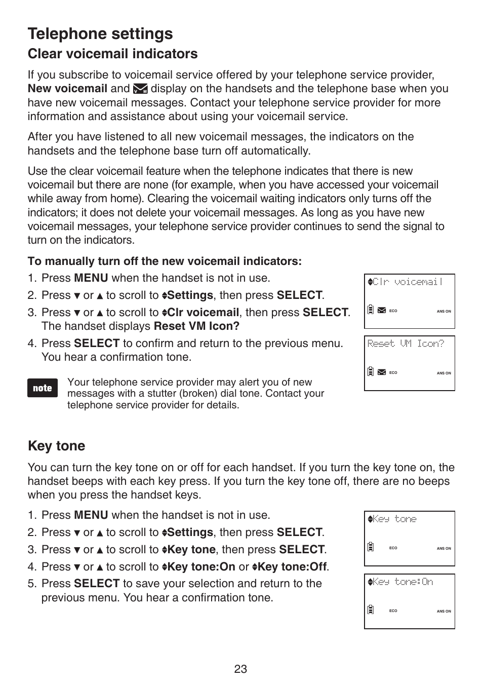 Clear voicemail indicators key tone, Telephone settings, Clear voicemail indicators | Key tone | VTech LS6191_-13-15-16-17 Manual User Manual | Page 27 / 94