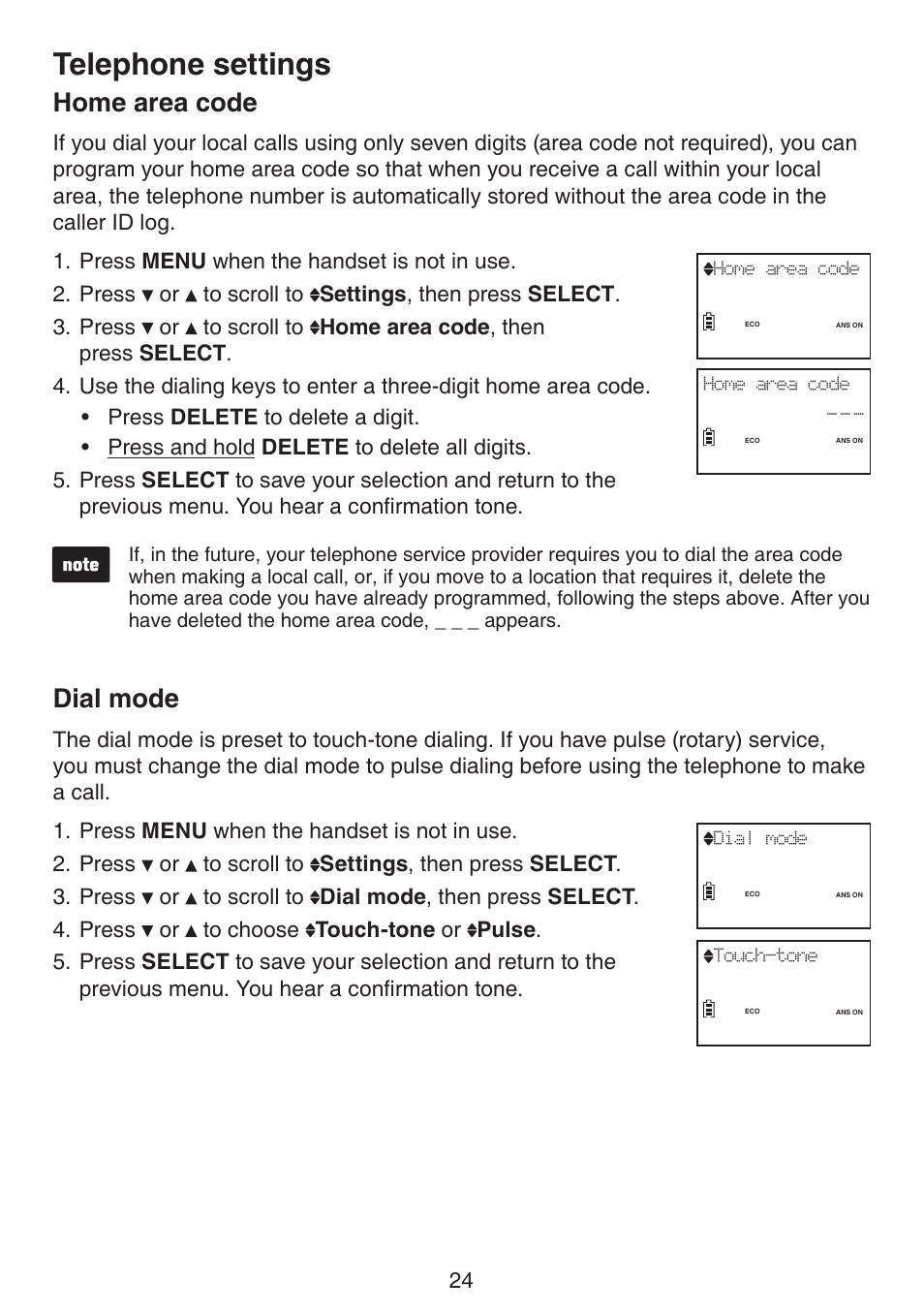 Home area code dial mode, Telephone settings, Home area code | Dial mode | VTech LS6191_-13-15-16-17 Manual User Manual | Page 28 / 94