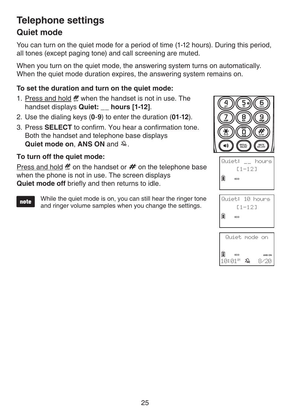 Quiet mode, Telephone settings | VTech LS6191_-13-15-16-17 Manual User Manual | Page 29 / 94