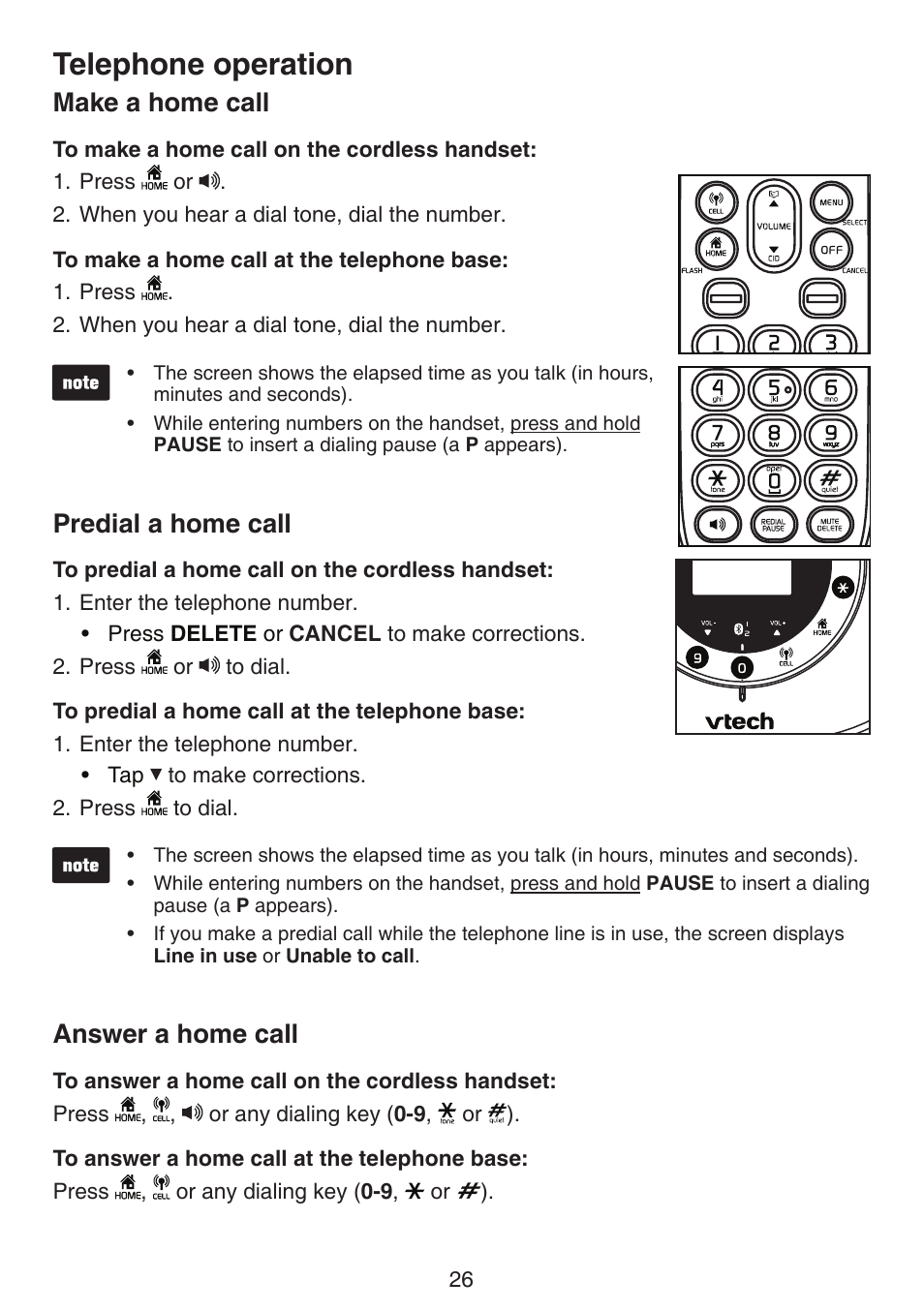 Handset volume control, Ringer volume control, Last number redial | Making and answering a call, Telephone operation, Make a home call, Predial a home call, Answer a home call | VTech LS6191_-13-15-16-17 Manual User Manual | Page 30 / 94